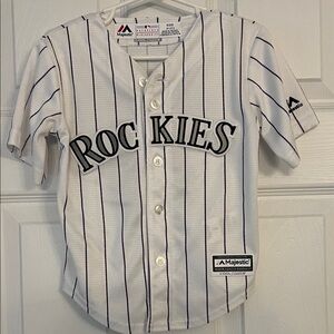 Majestic Rockies Nolan Arenado Youth 2T White and Purple Pin Striped Jersey